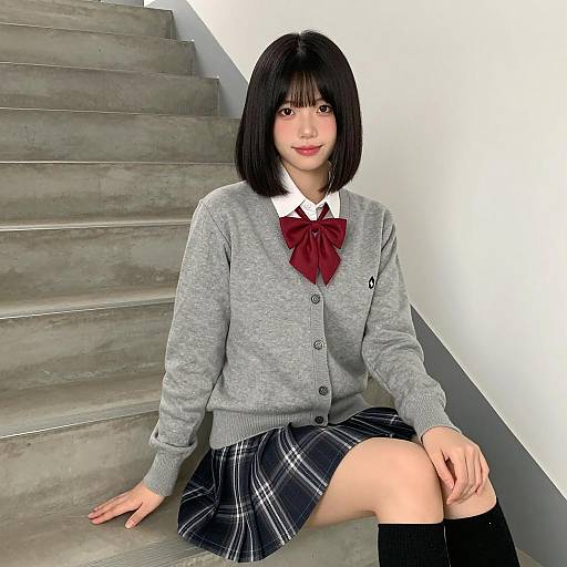 Asian Woman in School Uniform Sitting on Stairs