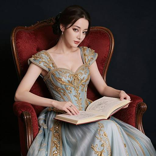 Photograph of a fair-skinned woman with dark hair, in an ornate light blue and gold gown, reading an open book in a red velvet
