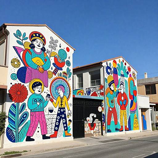 Vibrant street mural of colorful, abstract, cartoon-like figures on white buildings under clear blue sky, featuring bold patterns and large flowers.