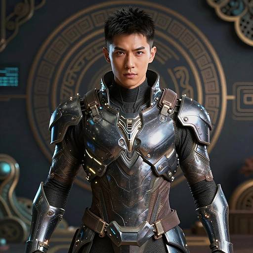 Photograph of a young Asian man with short black hair, wearing shiny, futuristic black armor, standing in a dark, ornate room.
