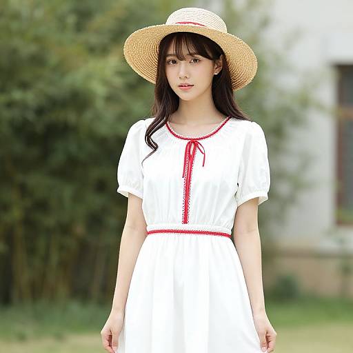 Woman in White Dress with Straw Hat