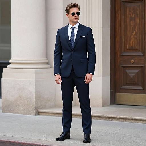 Photograph of a tall, handsome man in a black suit, white shirt, blue tie, black shoes, and sunglasses, standing confidently on a city