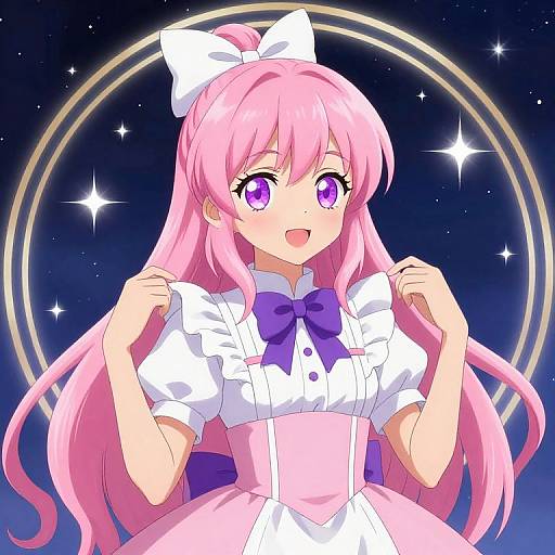 Anime-style digital drawing of a cute, pink-haired girl with purple eyes, white bow, and pink dress, smiling against a starry night background with