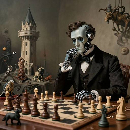 Photorealistic digital art: A steampunk robot man in a Victorian suit, playing chess in a gothic, fantasy castle room.