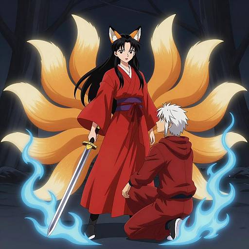 Fox Girl with Nine Tails and Sword with White-Haired Young Man