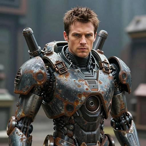 Photograph of a muscular, short-haired man in a weathered, metallic sci-fi armor with shoulder cannons, standing determinedly in a blurred, industrial