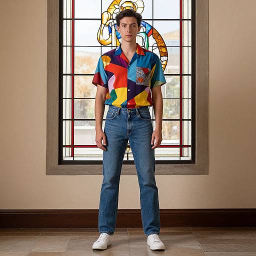 Man in Colorful Shirt and Jeans