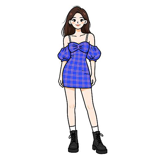 Digital drawing of a young woman with straight brown hair, wearing an off-shoulder blue plaid dress, black boots, and white socks, standing