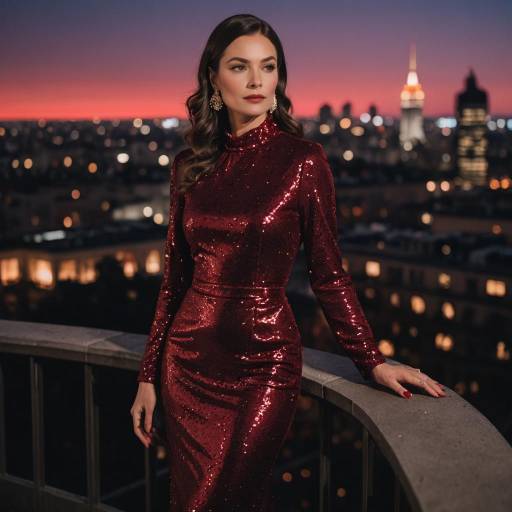 Elegant Woman in Ruby Red Sequin Dress on Rooftop at Sunset