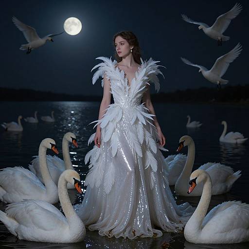 Photograph of a woman in a shimmering, white feathery gown standing on a moonlit lake surrounded by swans and flying seagulls
