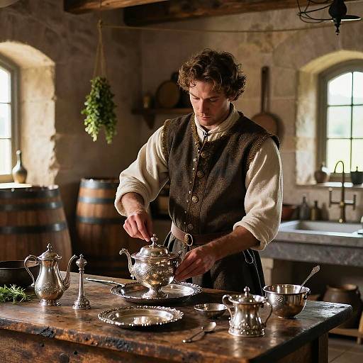 Medieval Butler Polishing Silverware