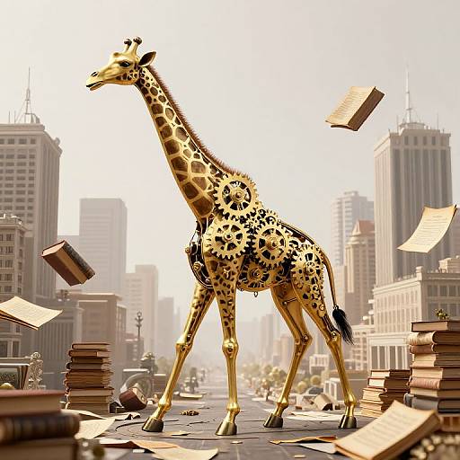 Digital illustration of a giant giraffe walking through a chaotic city street filled with floating papers, books, and skyscrapers.