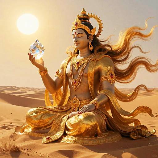 Photograph of a golden deity statue with long flowing hair, wearing ornate jewelry, seated in a desert, holding a glowing flower, sunlit background