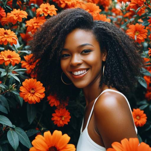 Smiling Woman with Curly Hair Among Orange Flowers
