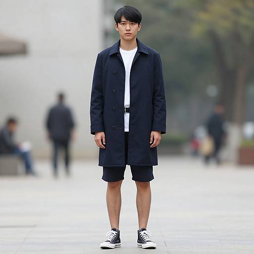 Photograph of an Asian man with short black hair, wearing a black coat, white t-shirt, black shorts, and black-and-white sneakers, standing