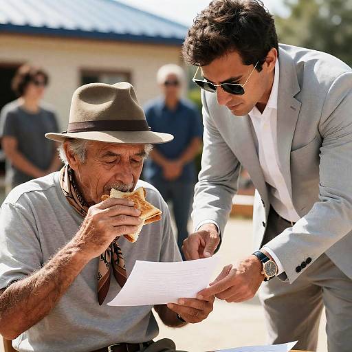 Older Man Eating Sandwich with Younger Man Reviewing Paper Outdoors