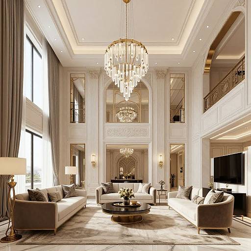 Luxurious living room photograph with high ceilings, grand crystal chandeliers, white and beige furniture, large windows, and elegant drapes.