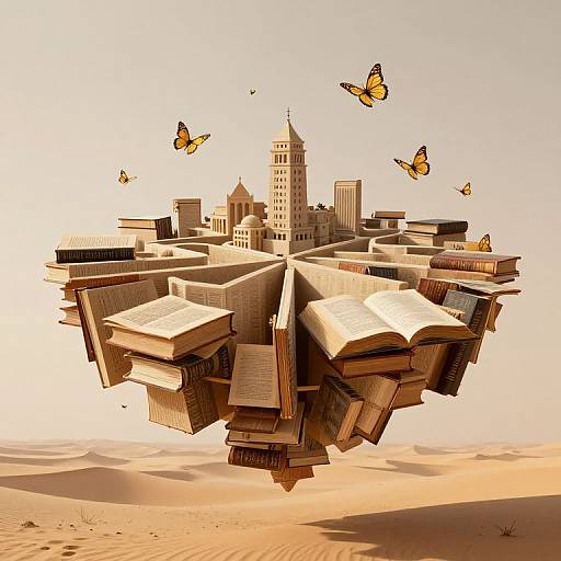Digital art: Floating city made of books with towering buildings, surrounded by hovering butterflies, set in a desert landscape.