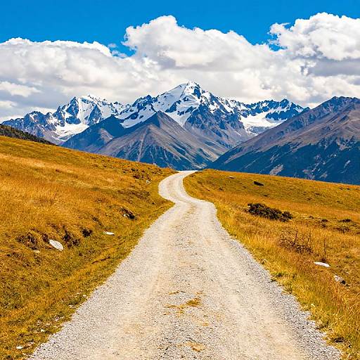 Photograph of a winding gravel path leading to snow-capped mountain peaks under a bright blue sky with fluffy white clouds.