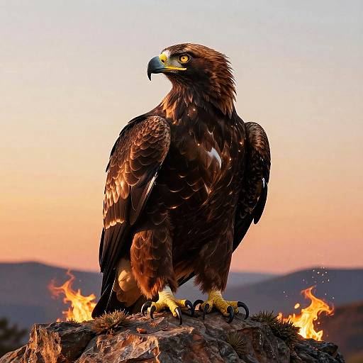 Photograph of a majestic golden eagle with intense yellow eyes, standing on a rocky outcrop surrounded by small flames, against a sunset sky.