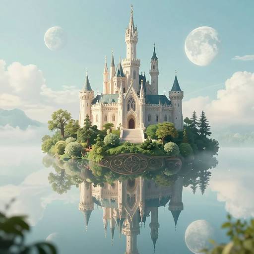 Photorealistic digital art of a grand, fairy-tale castle with tall spires, surrounded by lush greenery, reflected in a calm, moon