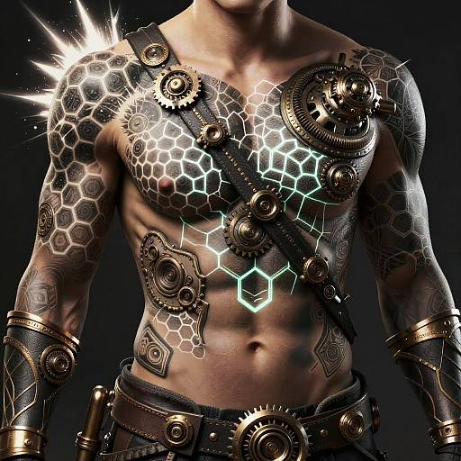 Photorealistic CGI of a muscular, tattooed man with hexagonal and gear-like metallic patterns on his chest and arms, glowing hexagons,