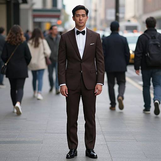 Photograph of a young Asian man in a dark brown suit, white shirt, and black bow tie, standing confidently on a busy urban sidewalk with blurred