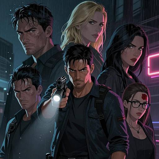 Dark Rainy Urban Scene with Intense Group