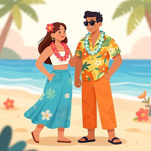 Digital illustration of a smiling couple on a tropical beach, woman in a white crop top and blue floral skirt, man in a Hawaiian shirt and orange pants