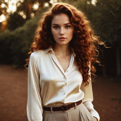 Portrait of woman with auburn curls in silk blouse