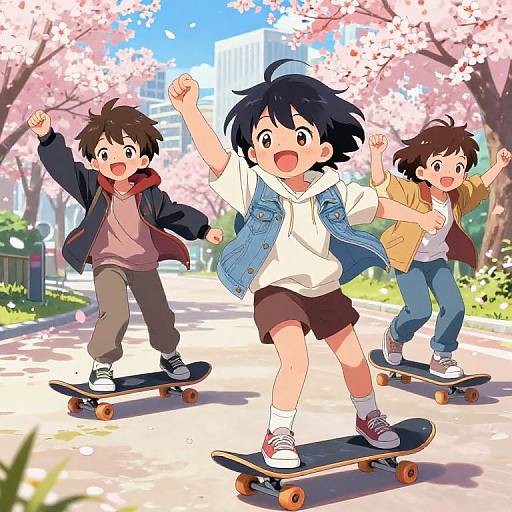 Three excited anime boys skateboarding joyfully on a sunny cherry blossom-lined path, with city buildings in the background. Vibrant, energetic, springtime
