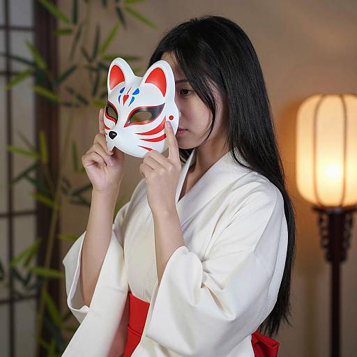 Asian Woman Wearing White Kimono Holding Fox Mask