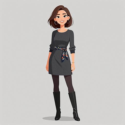Digital illustration of a smiling woman with shoulder-length brown hair, wearing a black dress, black leggings, black boots, and a patterned belt, standing