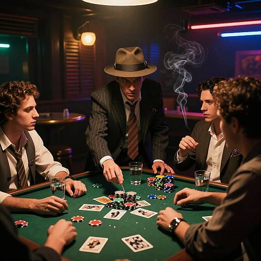 Photograph of four men in suits and ties, playing poker in a dimly lit casino; one man in a fedora smokes while dealing cards