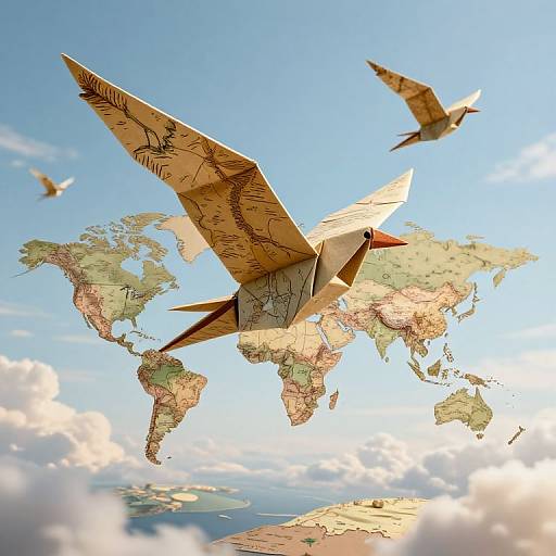 Paper airplane with world map design soaring through a clear blue sky with three smaller paper airplanes, surrounded by fluffy clouds.