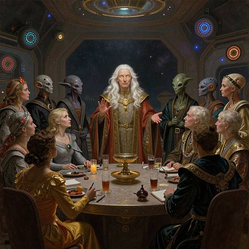 Photorealistic digital painting of a white-haired, robed figure lecturing alien and human-like beings around a dimly lit, ornate table.