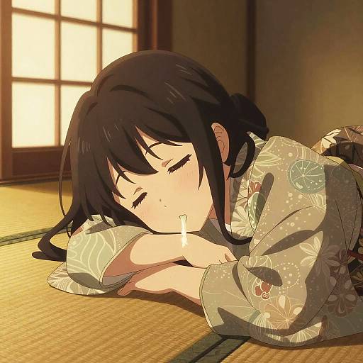 Anime-style digital illustration of a black-haired girl sleeping on a tatami mat, wearing a floral kimono, with soft sunlight filtering through shoji screens