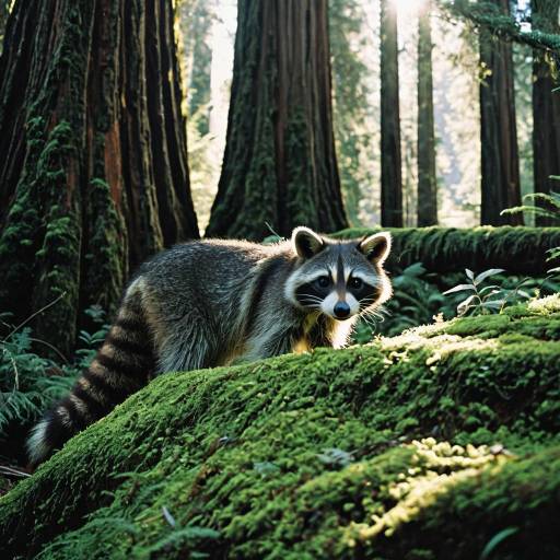 Raccoon Peeking in Redwood Forest