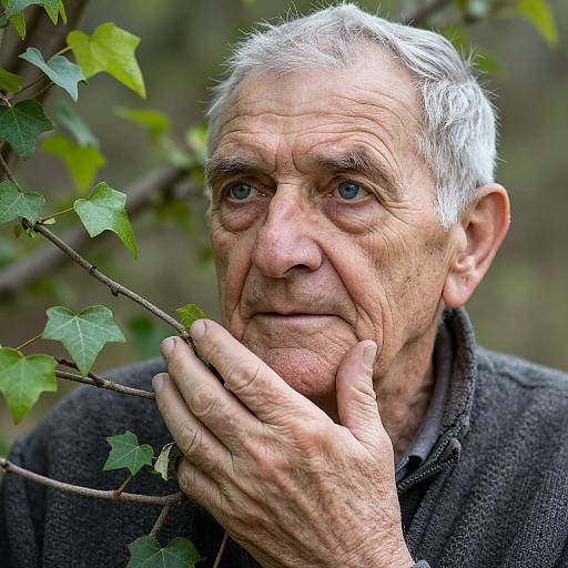 Photograph of an elderly man with white hair, wrinkled skin, blue eyes, and a contemplative expression, touching his chin while holding a leaf