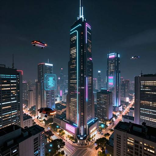 Nighttime digital illustration of a neon-lit futuristic cityscape with glowing skyscrapers, flying drones, and busy streets. Vibrant blue, pink