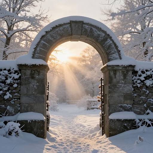 Snow-covered stone archway framing a bright winter sunset, with sunlight filtering through frosty trees, creating a serene, magical winter scene.