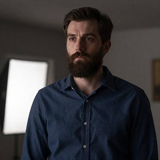 Serious Bearded Man in Dim Light
