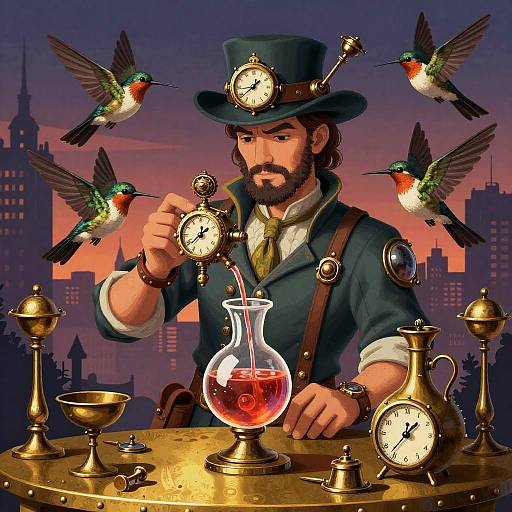Steampunk Alchemist Crafting Elixir with Clockwork Hummingbirds