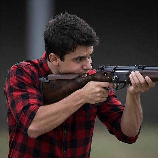 Young Man Aiming Rifle Outdoors