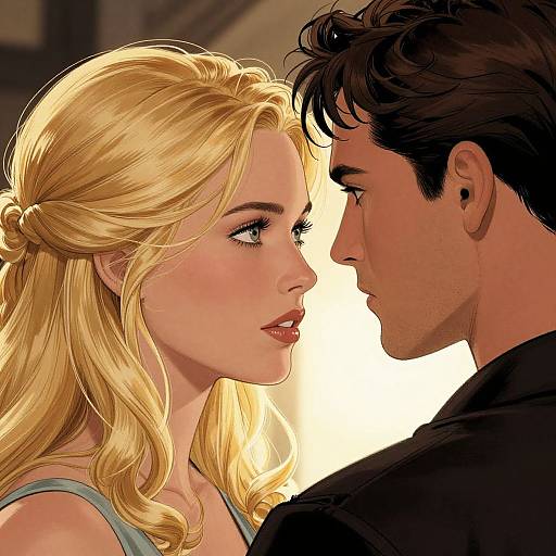 Digital illustration of a blonde woman with blue eyes and wavy hair, closely facing a dark-haired man with a focused gaze. Warm lighting highlights their intimate