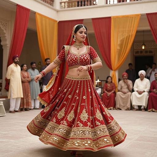 Photograph of a South Asian woman in a red and gold traditional lehenga, performing in an ornate, draped courtyard with spectators.