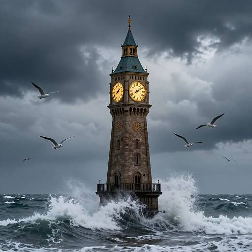 Majestic Clock Tower in Stormy Ocean