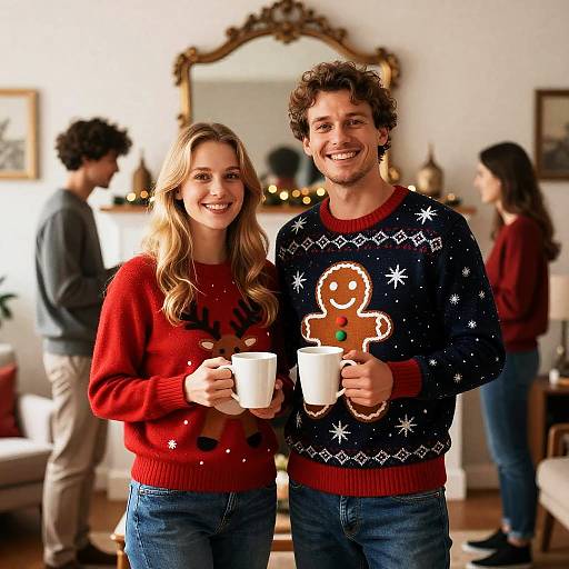 Couple in Festive Christmas Sweaters Holding Mugs