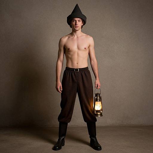 Photograph of a shirtless, slender young man with fair skin and short dark hair, wearing black pants, boots, and a conical hat,