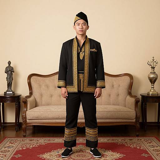 Photograph of a young Asian man in black traditional attire with gold embroidery, standing in front of a beige sofa, flanked by a statue and orn
